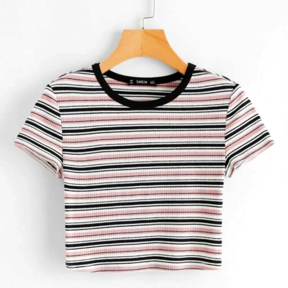 Stripped Ribbed Cropped T
